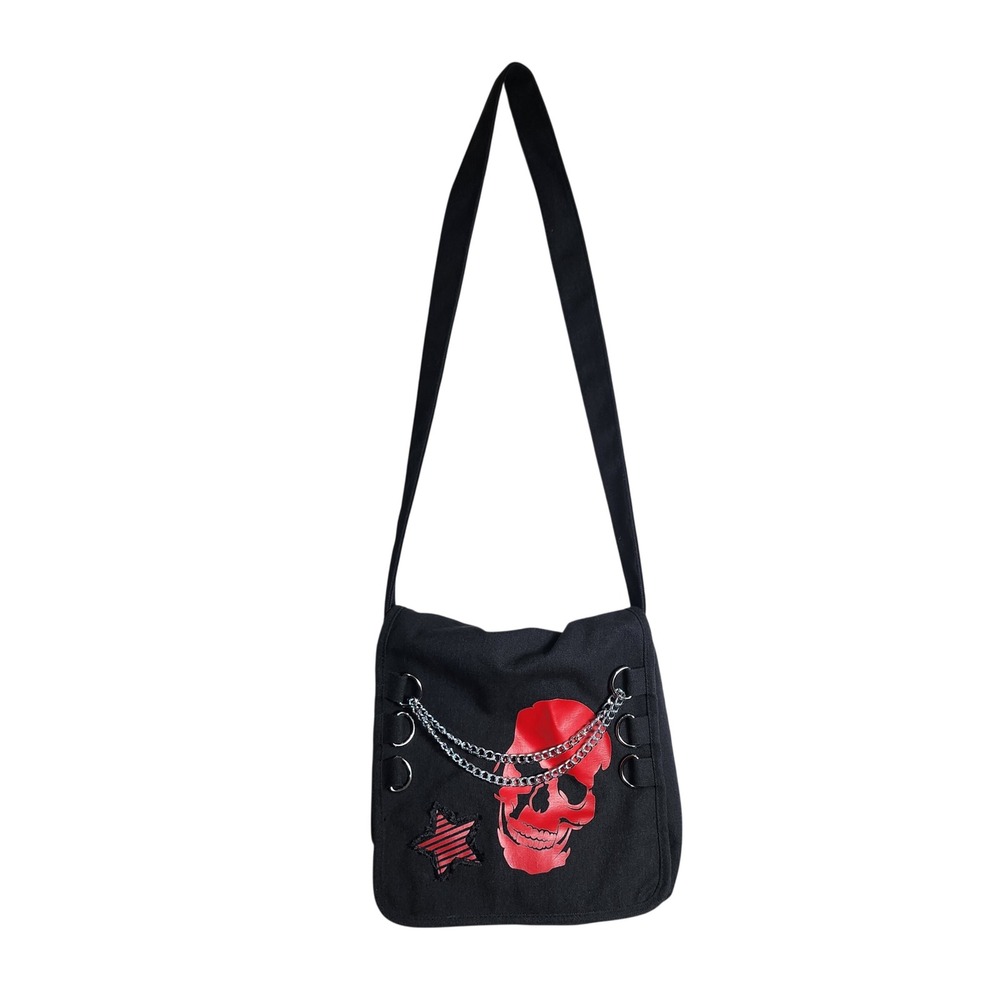 Hot Topic Black Canvas Skull Crossbody Messenger Bag Red Graphic Chain Detail